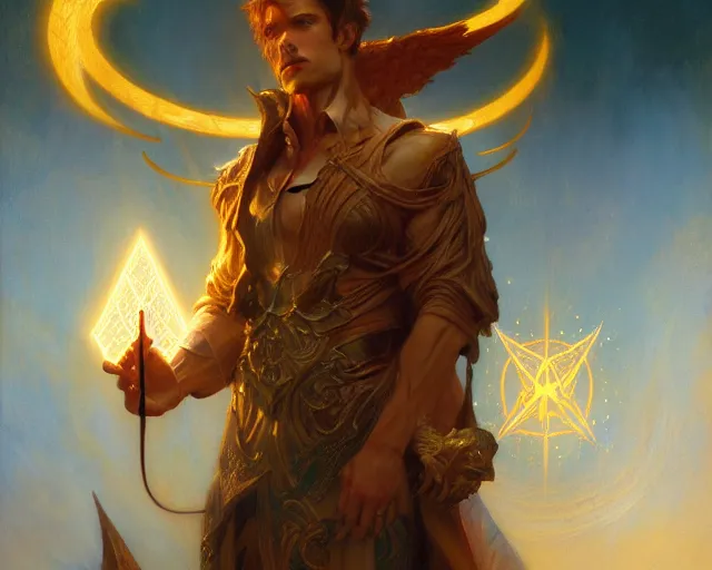 Image similar to attractive male deity, casting demonic magic, summoning handsome lucifer morning star. highly detailed painting by gaston bussiere, craig mullins, j. c. leyendecker 8 k