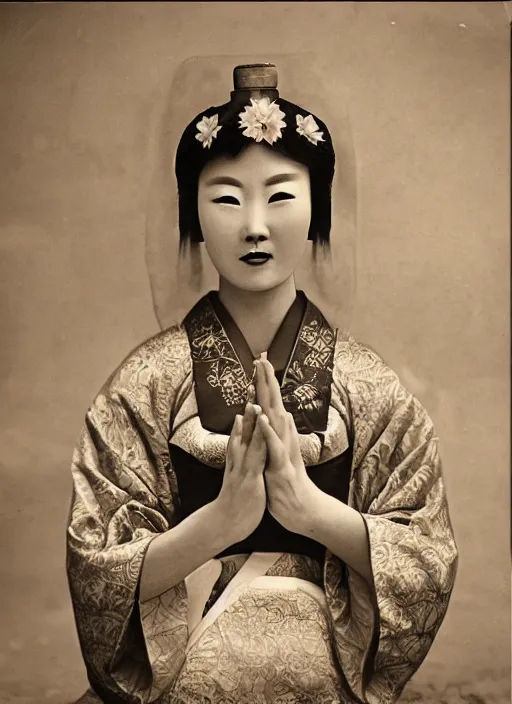 Prompt: old vintage photo of Chinese ancient geisha in the ancient temple looking at big space suit helmet laying in front of her on the altar, symmetrical face, big eyes and lips, looking at camera, subtle makeup, clean face and body skin,ecstatic expression,volumetric lights,depth of field, lens flares, dust in the air, moody lighting, intricate, elegant, highly detailed, centered, smooth, sharp focus, Donato Giancola, Joseph Christian Leyendecker, WLOP, Boris Vallejo, Artgerm moody photography, old photo, black and white, sepia, cinematic lighting, cinematic angle, national geographic