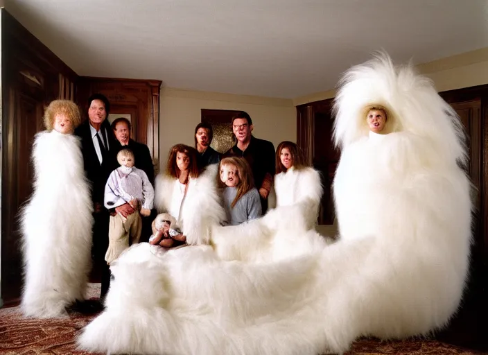 Prompt: realistic documentary photo of the family morphing into a big white fluffy hairy bird, in the wooden and fancy expensive wooden room interior, neutral colors, 1 9 9 0, life magazine reportage photo