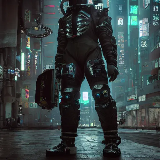 Image similar to Full lenght view contamporary art photography of ultra mega super hyper realistic detailed warmachine by Hiromasa Ogura . Photo on Leica Q2 Camera, Rendered in VRAY and DaVinci Resolve and MAXWELL and LUMION 3D, Volumetric natural light. Wearing cyberpunk suit with many details by Hiromasa Ogura .Rendered in VRAY and DaVinci Resolve and MAXWELL and LUMION 3D, Volumetric natural light