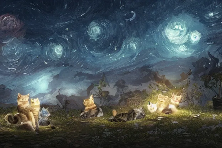 Image similar to night starry sky full of cats, unreal engine render concept art, by lous wain and and fernand toussaint