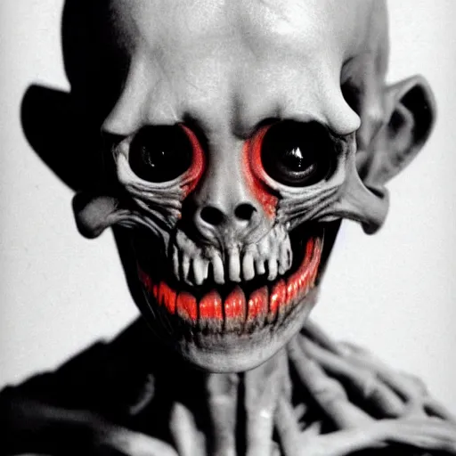 Image similar to humanoid with crooked teeth, two shallow black eyes, long open black mouth, alien looking, big forehead, horrifying, killer, creepy, photo turning slightly yellow, long open black mouth, dead, looking straight into camera, realistic, slightly red, long neck, boney, monster, tall, skinny, skullish, deathly, in the style of alfred kubin