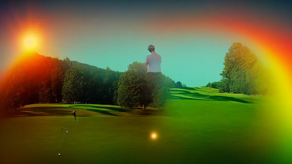 Image similar to double exposure of a beautiful golden hour hill and beautifully enchanted golf course, brocken spectre, cosmic stars, blurry distant figures, grainy film, cinematic, haunted psychedelic VHS glitch