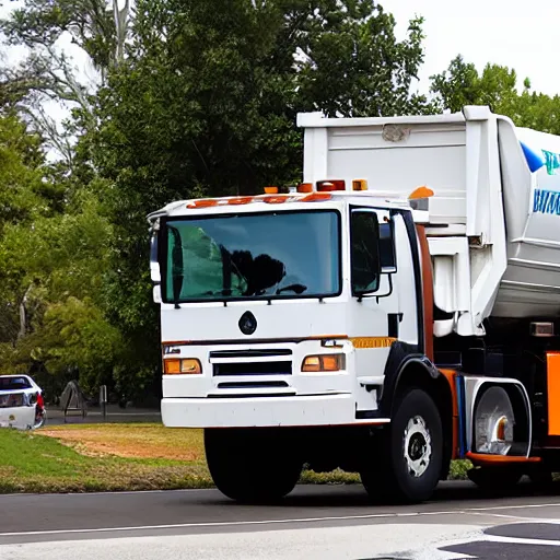 Prompt: A garbage truck riding up a big staircase