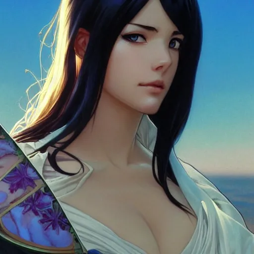 Image similar to highly detailed vfx portrait of nico robin by eiichiro oda, makoto shinkai, alphonse mucha, sharp focus, art by artgerm and greg rutkowski!, backlit, harsh overhead sunlight, blue eyes!!, aquiline nose!!, stanley kybric, kaoru mori, detailed, best of behance,