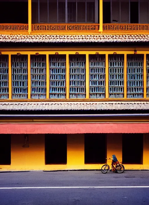 Prompt: minimalist street photography by wes anderson and by ansel adams, singapore shophouses, portra 4 0 0, intense shadows, warm hue, golden hour