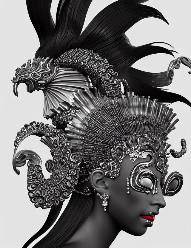 Image similar to 3 d goddess close - up profile simple portrait baroque queen with mohawk with ram skull. beautiful intricately detailed japanese crow kitsune mask and clasical japanese kimono. betta fish, jellyfish phoenix, bio luminescent, plasma, ice, water, wind, creature, artwork by tooth wu and wlop and beeple and greg rutkowski