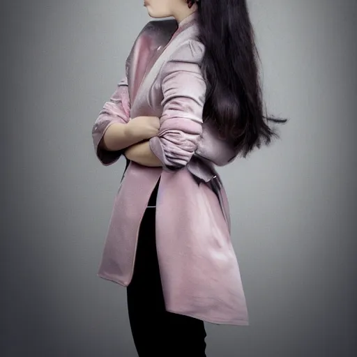 Image similar to female, beautiful, portrait, photograph, looking at viewer, silver pink black jacket,