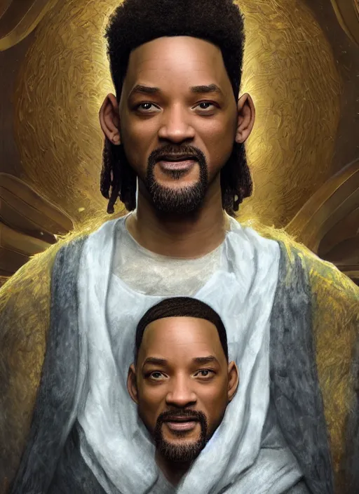 Prompt: portrait of will smith as jesus, au naturel, hyper detailed, digital art, trending in artstation, cinematic lighting, studio quality, smooth render, unreal engine 5 rendered, octane rendered, art style by klimt and nixeu and ian sprigger and wlop and krenz cushart.