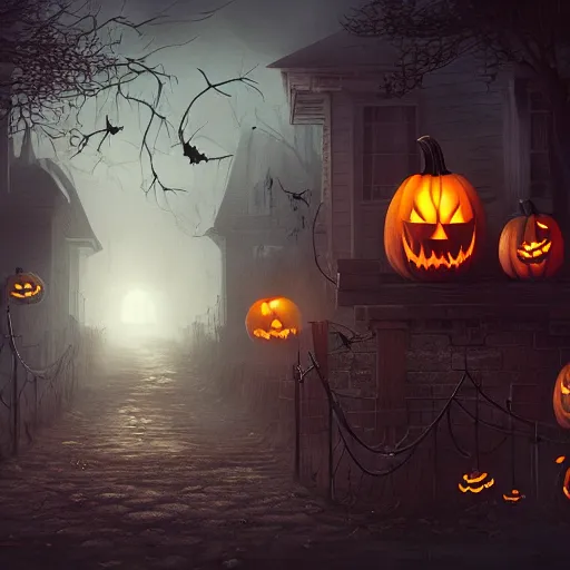 Image similar to a creepy and eery Halloween setting, with Jack o lanterns on the street and shadow figures lurking about, dynamic lighting, photorealistic fantasy concept art, stunning visuals, creative, cinematic, ultra detailed, trending on art station, spooky vibe