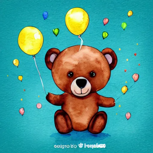Image similar to watercolor cute animated bear holding birthday balloons
