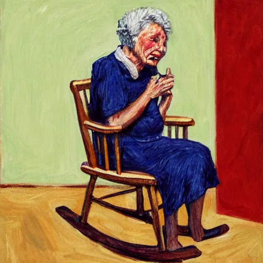 Prompt: old woman crying sitting in a rocking chair, expressionism