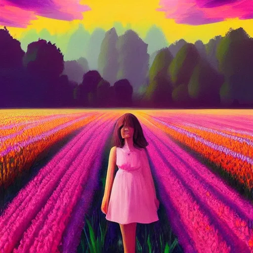 Image similar to tulip face, girl floating in a flower field, surreal photography, sunrise dramatic light, impressionist painting, colorful clouds, digital painting, artstation, simon stalenhag