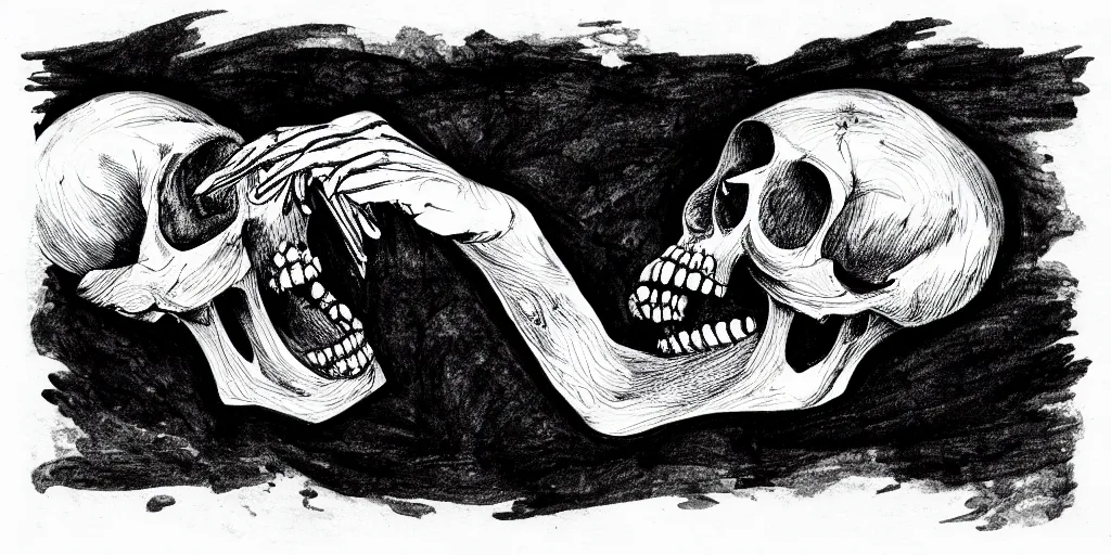 Image similar to ink lineart drawing of a screaming skull on a white background, etchings by goya, chinese brush pen illustration, high contrast, deep black tones, contour