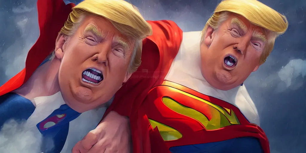 Image similar to donald trump as superman, studio portrait, detailed face, art by makoto shinkai, studio ghibli, greg rutkowski, wlop, artgerm, highly detailed, 4 k, digital art, high quality