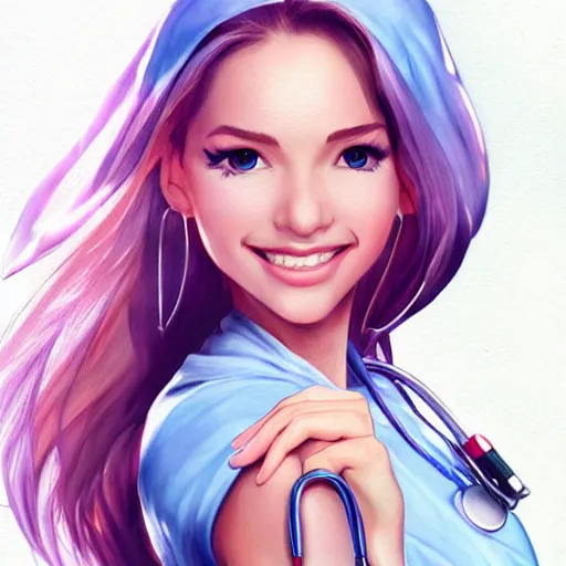 Image similar to very beautiful female nurse, smiling, flirty, eye contact, perfect face, perfect body, drawn by artgerm