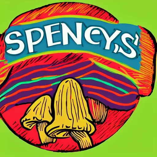 Image similar to Spencers Shroomery logo. Mushroom theme colorful retro styling by ivan chermayeff