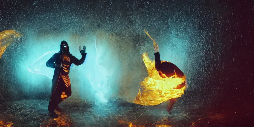 Image similar to VHS music video fisheye slow motion with honeycomb fire and smoke effect through a portal of futuristic break dancer wearing long dark cloak and golden helmet emitting fire and crystals, long exposure shot , enigmatic, at night half submerged by water, paddle of water, steam, fog, water splashes, rim lights, glossy reflections, water droplets on lens, octane render, Volumetric dynamic lighting, stunning cover magazine, high details, hajime sorayama