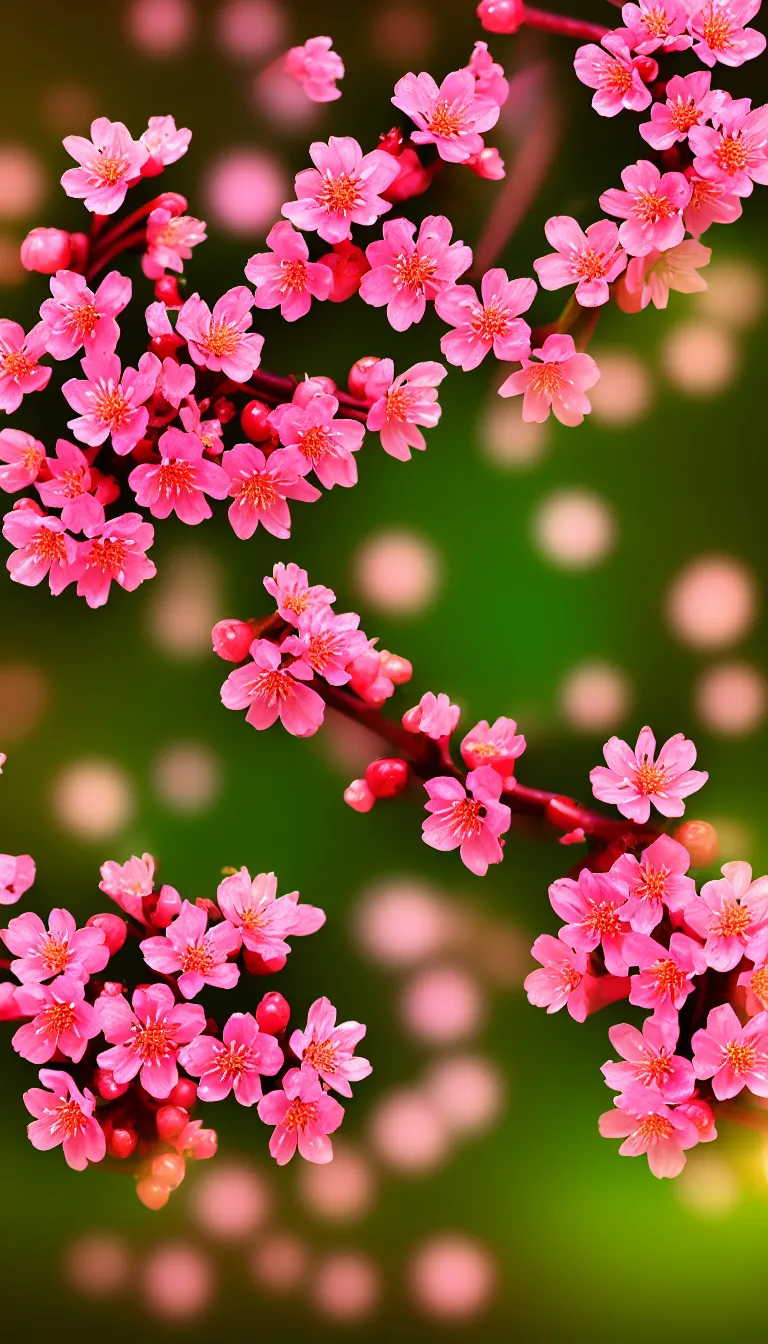 Prompt: highly detailed realistic photo of glowing cherry flowers on sunny day, award winning photo, hyper realistic, concept art, 8 k detail post - processing