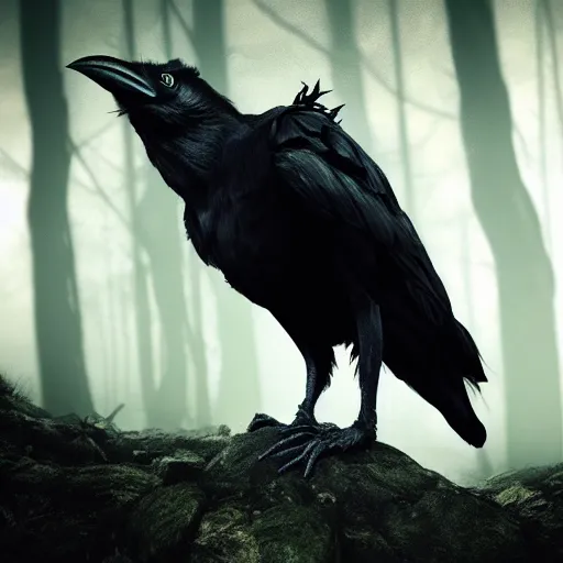 Image similar to werecreature consisting of a crow and a human, featured on artstation, photograph captured in a dark forest