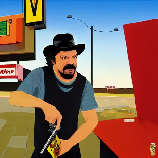 Image similar to danny mcbride robbing a mcdonald's at gunpoint, realism, 4 k,