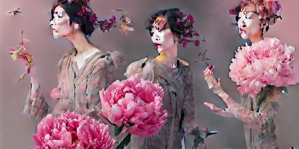 Image similar to breathtaking detailed concept art painting blend of pink short hair goddesses of peonies by hsiao - ron cheng with anxious piercing eyes, vintage illustration pattern with bizarre compositions blend of flowers and fruits and birds by beto val and john james audubon, exquisite detail, extremely moody lighting, 8 k