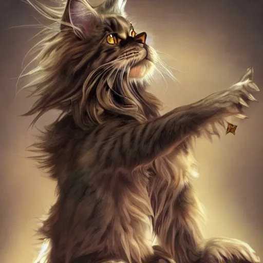 Prompt: maine coon, anthropomorphic large maine coon, dnd bipedal character, musketeer outfit, aware. furry. dnd character concept, dnd digital painting, dnd artstation, dnd concept art, smooth, super sharp focus, illustration, art by artgerm and h r giger and alphonse mucha