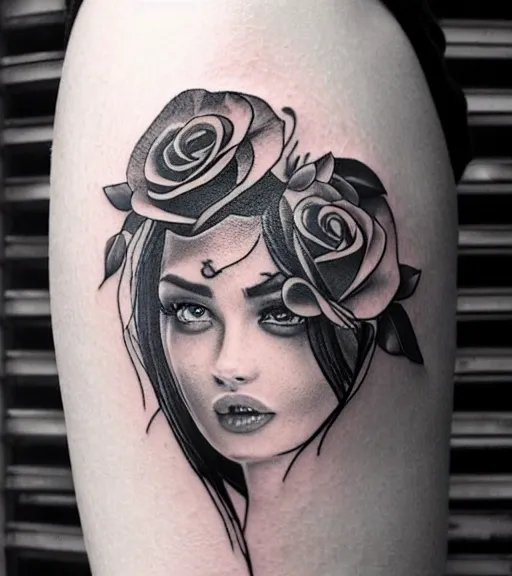 Image similar to tattoo design on white background of a beautiful girl warrior, roses, hyper realistic, realism tattoo, by eliot kohek, beautiful eyes, realistic face, black and white