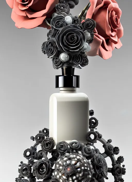 Image similar to perfume bottle standing on a biomechanical black enchanted vanity mirror made of corals, daisies, roses in an ivory room well contoured smooth fair walls, up close shot, sharp focus, global illumination, radiant light, alexandre ferra white mecha, irakli nadar, octane highly render, 4 k, ultra hd,