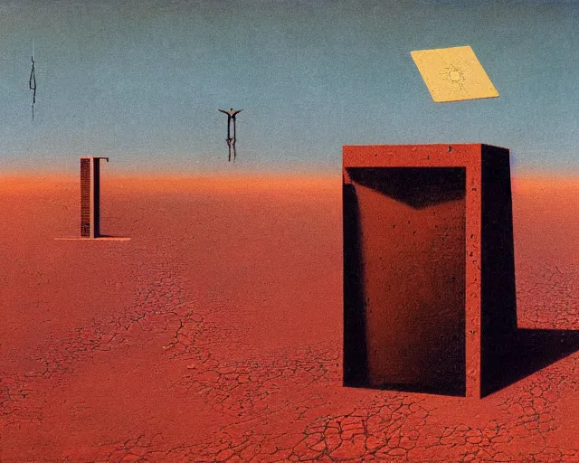 Prompt: very weird minimalistic machine, huge, occult, in the middle of desert, blotchy, hazy oil painting, tarot texture, by carrington and beksinski