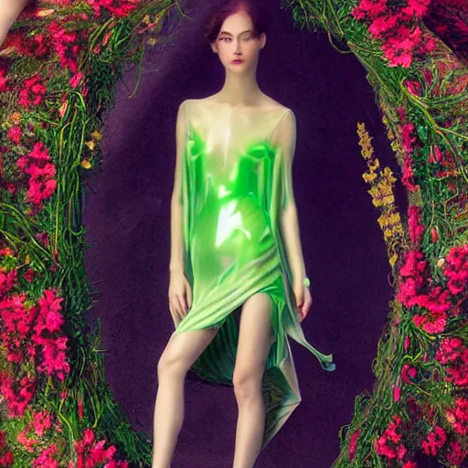 Image similar to fantasy. fashion 2 0 5 0 silk weightless translucent dress in the form of a flower. a full - length model. a beautiful slender symmetrical girl with green hair and a wreath of flowers. hyperrealistic photo