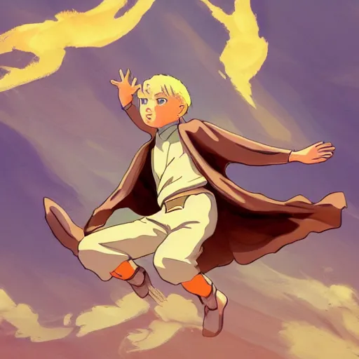 Prompt: blonde boy with golden eyes wearing a brown cape and flying in t pose, energy background, in the style of studio ghibli, artgerm