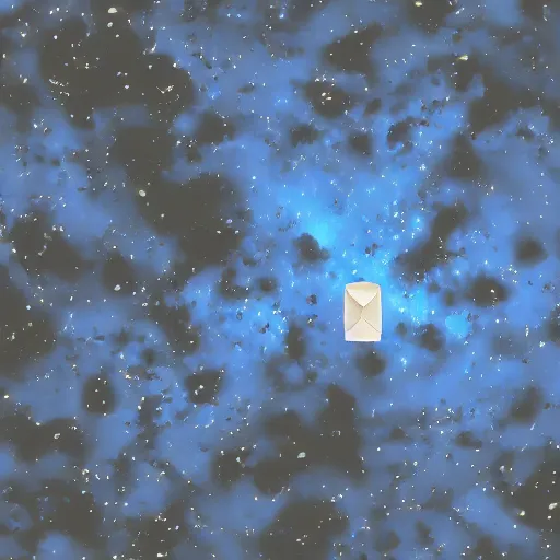 Image similar to a beige polygon space station with black greebles and glowing blue dots