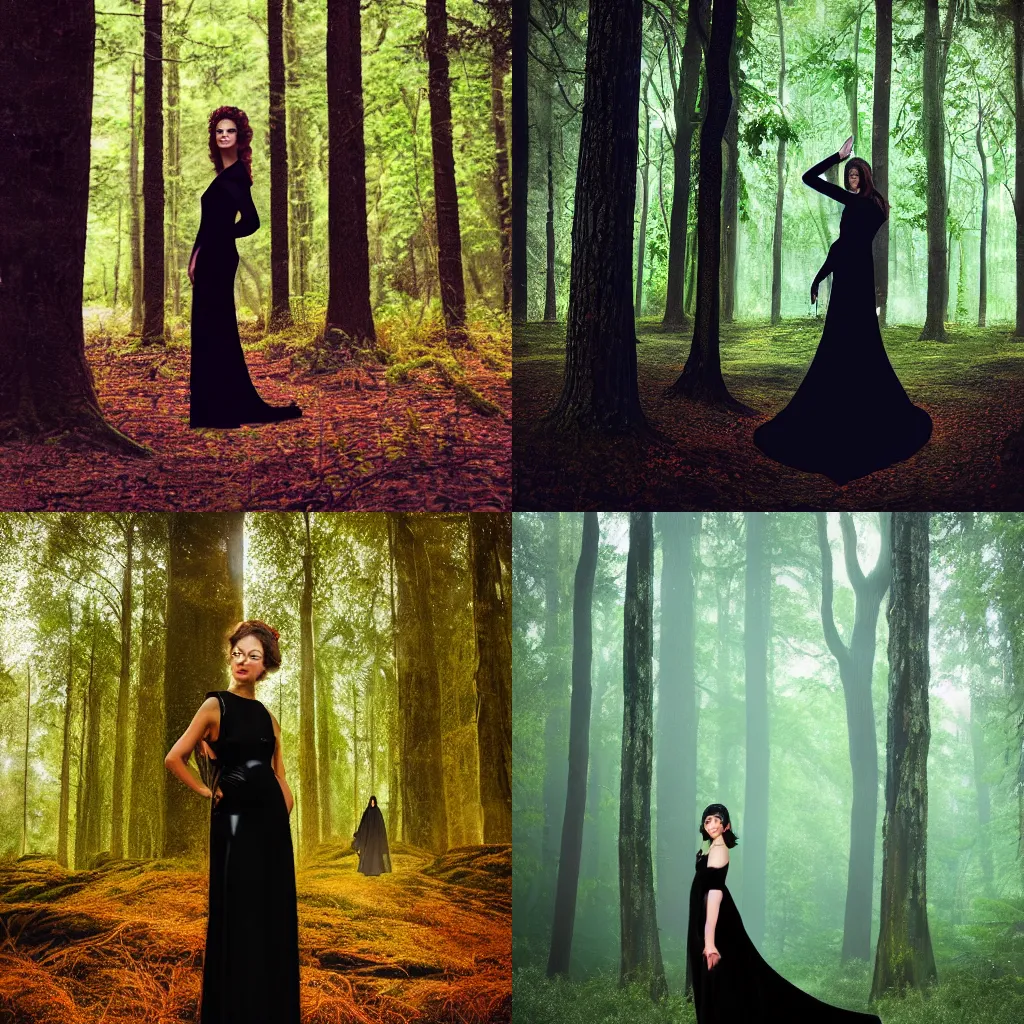 Prompt: photo portrait of a beautiful woman wearing a black gown in a bright forest, by Beeple