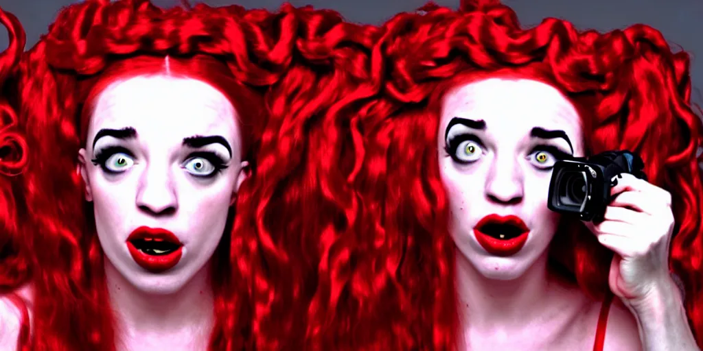 Image similar to camcorder video of young woman as medusa as miranda sings, multiple poses, 6 4 0 x 4 8 0 low resolution video