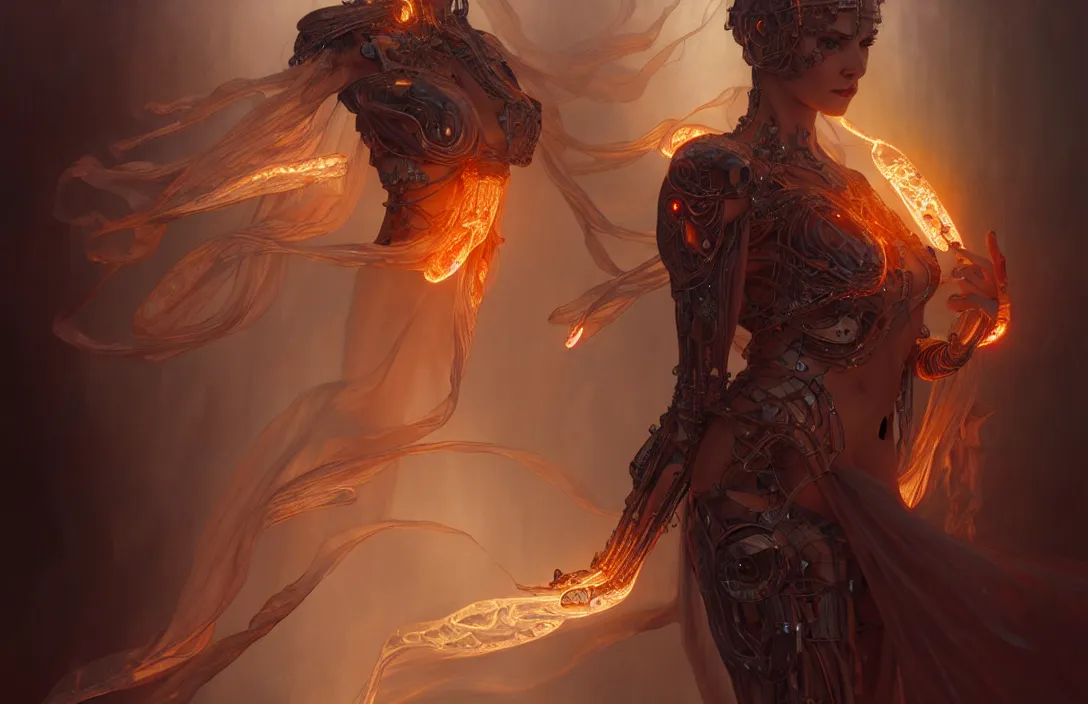 Image similar to translucent cyborg with flaming eyes, veiled in mist, heroic lighting, dark fantasy, intricate, elegant, highly detailed, lifelike, photorealistic, digital painting, artstation, illustration, concept art, smooth, sharp focus, art by John Collier and Albert Aublet and Krenz Cushart and Artem Demura and Alphonse Mucha