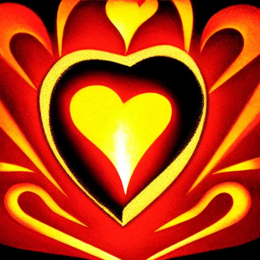 Image similar to cartoon heart on fire logo, burning, flames, symmetrical, washed out color, centered, art deco, 1 9 5 0's futuristic, glowing highlights, peaceful