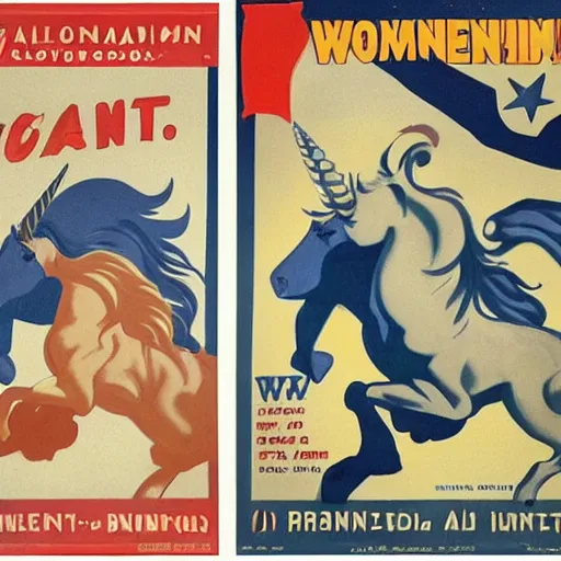 Prompt: anti-unicorn propaganda posters, WW2, allied