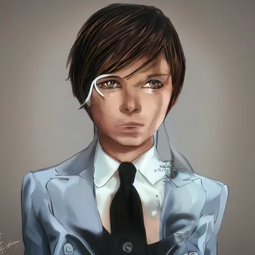 Prompt: female lawyer, business suit, brown neat hair, pixiv, fanbox, trending on artstation, digital painting, portrait, defense attorney, modern, sleek, highly detailed, formal, serious, determined, competent, colorized