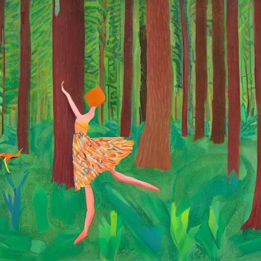 Prompt: woman and woodland beast dancing in a clearing in the forest, by david hockney, james jean, concept art, with 3 d geometric accents, 4 k