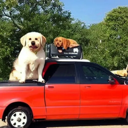 Prompt: a dog the size of a car standing on top of a car