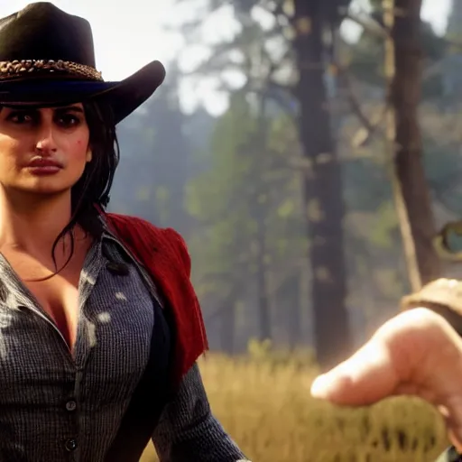 Prompt: Penelope Cruz as a cowboy in Red Dead Redemption 2