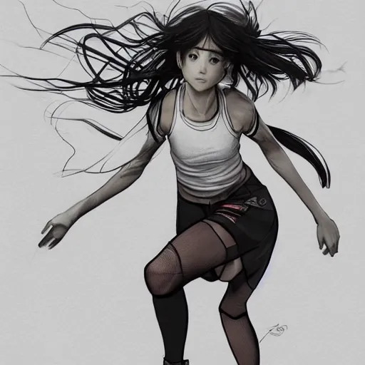 Prompt: a girl is running, sport clothing, anime style, long hair, hair down, symmetrical facial features, from arknights, hyper realistic, highly detailed, rule of thirds, extreme detail, detailed drawing, trending artstation, realistic lighting, black iris, by alphonse mucha, greg rutkowski, sharp focus, backlit, real faces, realistic anatomy