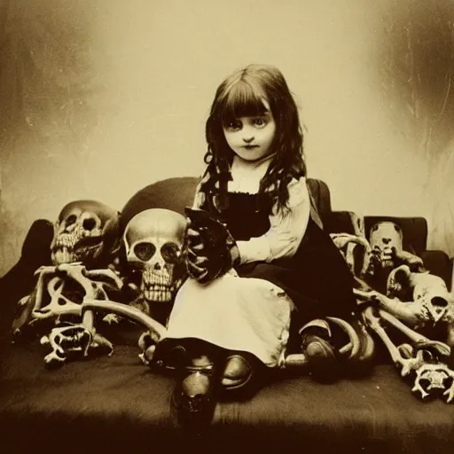 Image similar to a photo of young sad victorian gothic child with big eyes and wide grin sitting on a sofa of bones surrounded by a cyber futuristic cityscape made of human body parts, lighting, 5 0 mm, perfect faces