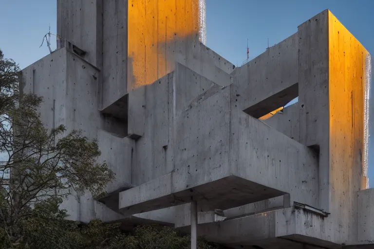Image similar to an extremely detailed cathedral of brutalist architecture, stunning volumetric light, sunset, metal, concrete and translucent material, stunning skied, 8k, by Greg Rutkowski