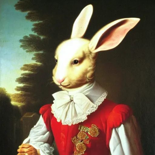 Prompt: a rabbit dressed as mozart, realistic oil painting 1 7 0 0 s