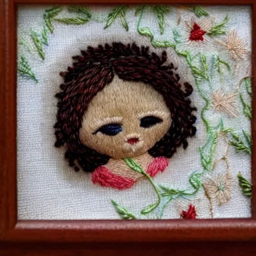 Image similar to a tiny beautiful handmade embroidery of a little girl with brown curly hair. hand embroidery.