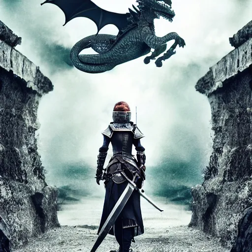 Prompt: a female knight without any battle experience who only wanted to see a dragon, symmetrical, cinematic, real photography