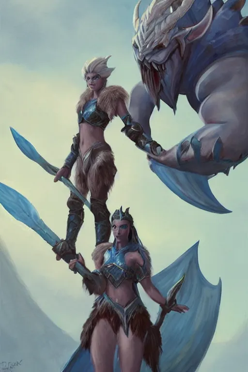 Image similar to a small blue-skinned triton girl wearing scale armor riding on a the shoulders of a large male goliath wearing fur and leather armor, dnd concept art, painting by ross tran and Tyler Jacobson