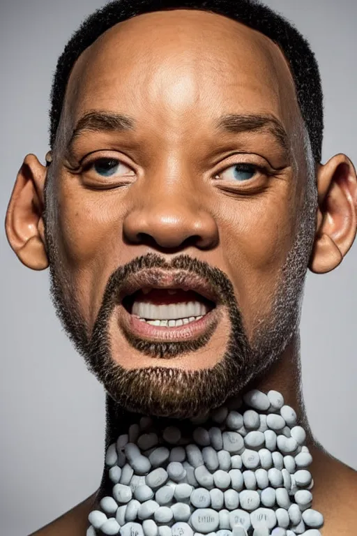 Prompt: will smith made out of pills, human face made out of pills, professional food photography